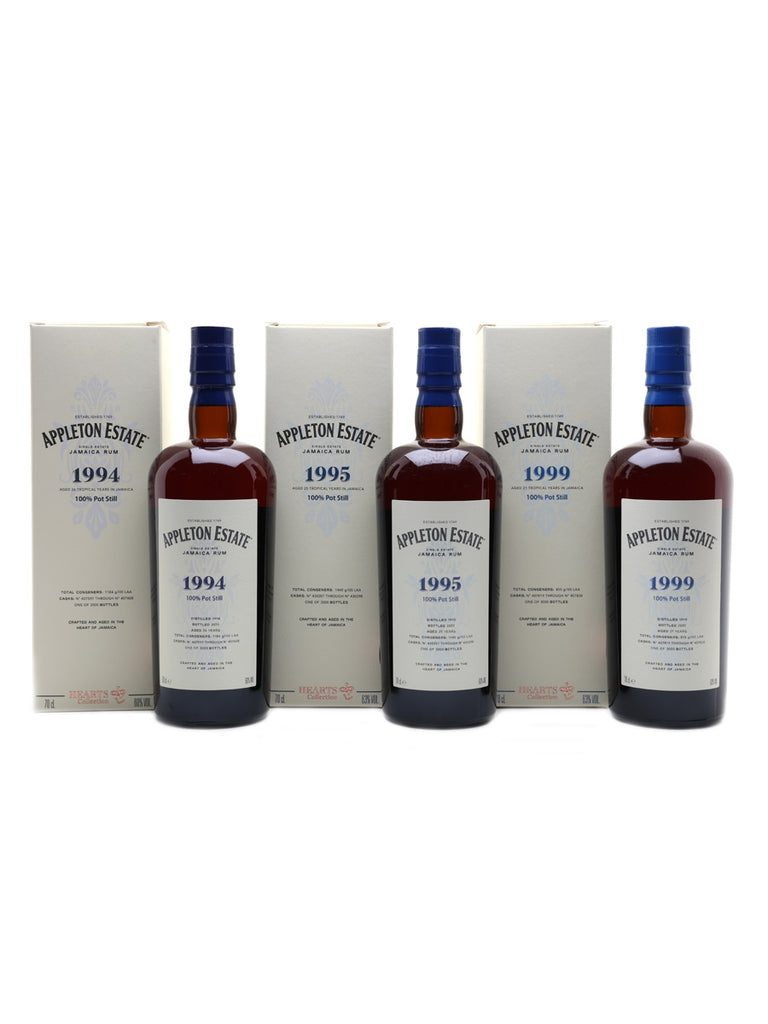 Appleton Estate Hearts Collection 100% Pot-Still Jamaican Rum - Distilled 1994, 1995, 1999 / Bottled 2020 (60/63/63%, 3 x 70cl)